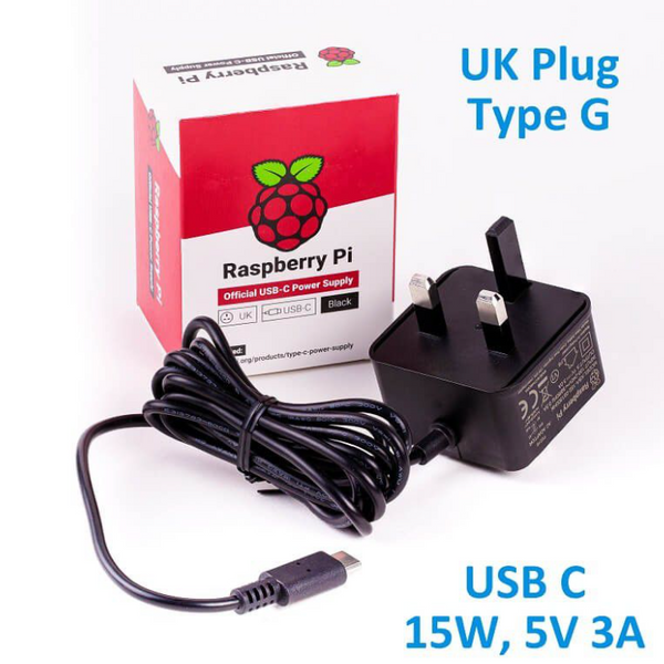 Official RPi 15W (5V/3A) PSU USB C UK Plug-Black