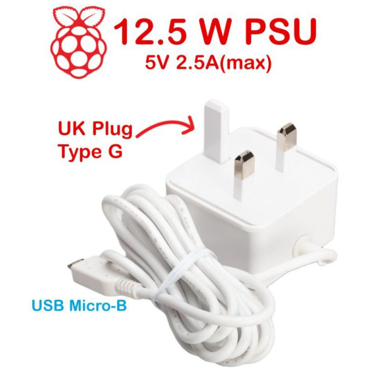 RPi 12.5W (5V/2.5A) PSU microB UK Plug-White